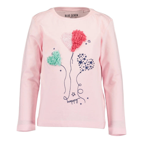 Blusa Blue Seven rosada de manga larga con diseño de corazones multicolor para niña. - Kinder Guatemala -