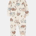 Pijama Carter's bebé niño beige acanalada con estampado de vehículos de construcción y cierre doble.