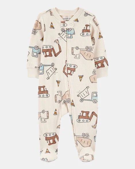 Pijama Carter's bebé niño beige acanalada con estampado de vehículos de construcción y cierre doble.