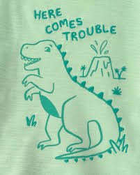 Detalle de playera verde Carter's con dinosaurio y frase 'HERE COMES TROUBLE'.
