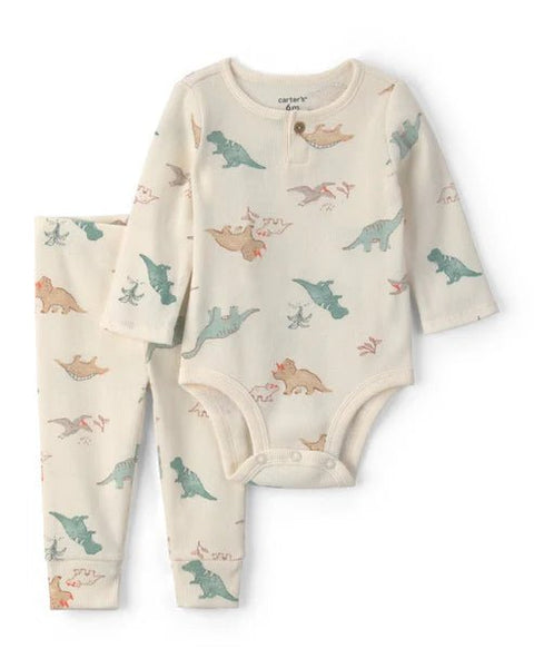 Conjunto de 2 piezas Carter's para bebé, mameluco manga larga y pantalón con estampado de dinosaurios.