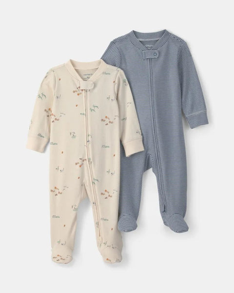 Set de 2 pijamas con pies Carter's para bebé: safari beige y rayas azules. Ideales para la comodidad.