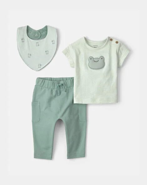 Conjunto Carter's de 3 piezas para bebé con diseño de rana, babero, camiseta y pantalón verde suave.
