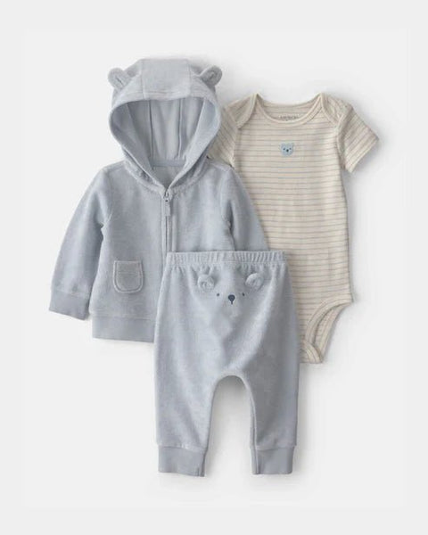 Conjunto de bebé Carter's de 3 piezas: sudadera con osito, mameluco rayado y pantalón.