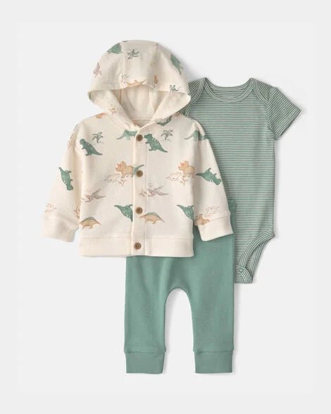Conjunto de 3 piezas Carter's para bebé con cárdigan de dinosaurios, body y pantalón.