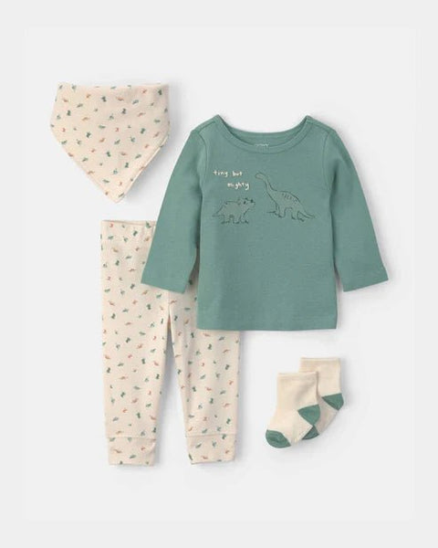 Conjunto de 4 piezas Carter's para bebé con camiseta de dinosaurios y pantalón estampado.
