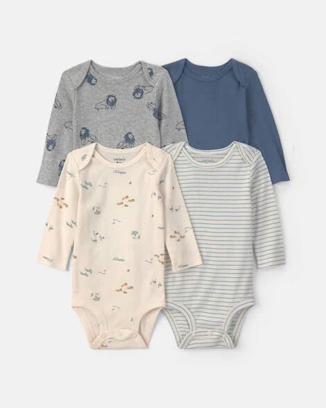 Paquete de 4 bodysuits Carter's de manga larga para bebé con diseños de león, safari, rayas y azul liso.