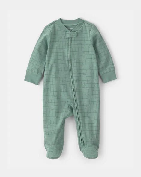 Pijama mameluco Carter's de bebé, color verde menta con estampado de dinosaurios y cierre frontal.
