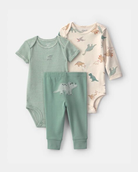 Conjunto de bebé Carter's de 3 piezas: 2 bodys (verde y estampado dinosaurios) y pantalón verde.
