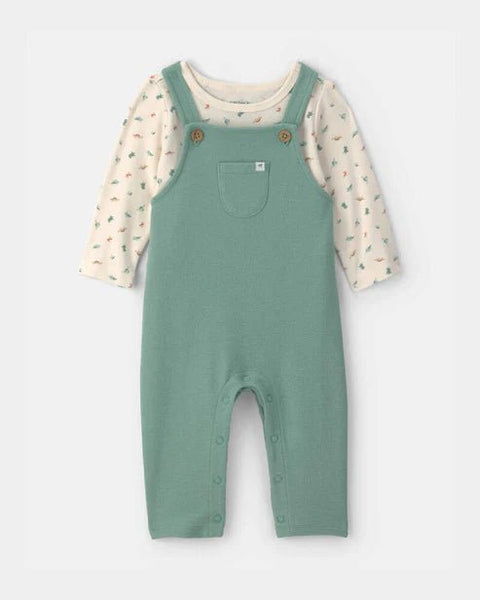Conjunto Carter's de peto verde menta y camiseta blanca con estampado de dinosaurios para bebé.