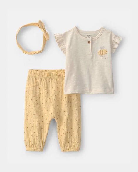 Conjunto de 3 piezas Carter's para bebé niña, camiseta con abeja, pantalón amarillo y diadema a juego.