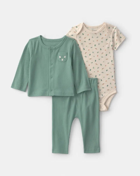Conjunto de 3 piezas Carter's para bebé: cárdigan verde, mameluco blanco con dinosaurios y pantalón.
