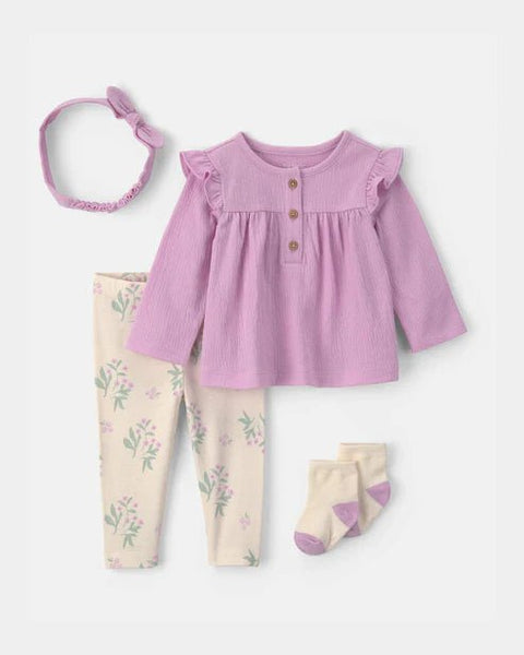 Conjunto Carter's de 4 piezas para bebé niña: blusa morada con hombros de vuelo, leggings florales, diadema, calcetines.