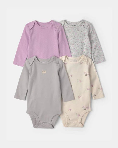 Paquete de 4 bodys Carter's manga larga para bebé en tonos pastel con estampados de cisnes y flores.