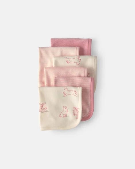 Set de 6 pañitos de bebé Carter's apilados, conejitos rosados y diseños combinados.