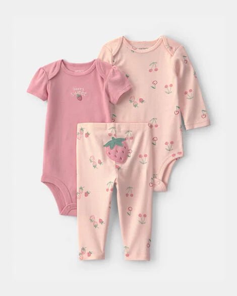 Set de ropa de bebé Carter's de 3 piezas: bodys y leggings rosados con fresas y cerezas.