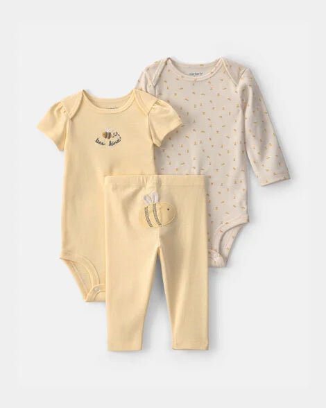 Conjunto de bebé Carter's de 3 piezas amarillo con diseño de abejita y bodys.