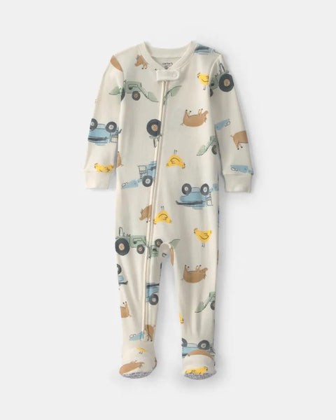 Pijama enteriza Carter's de algodón para bebé con estampado de granja y cierre frontal.