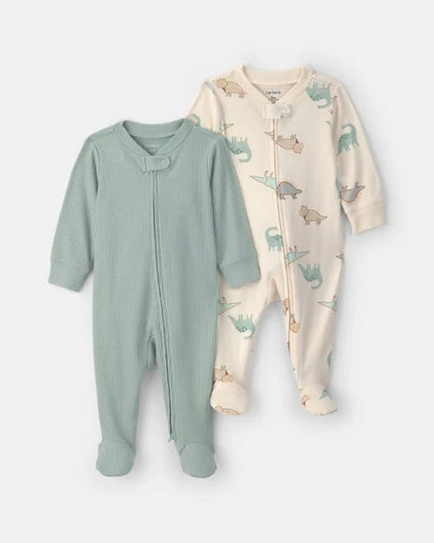 Set de 2 pijamas Carter's para bebé: enterizo verde liso y uno crema con tiernos dinosaurios.