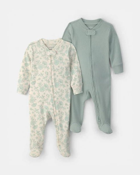 Set de 2 mamelucos para bebé Carter's: uno verde menta liso y uno floral con pie y zipper frontal.