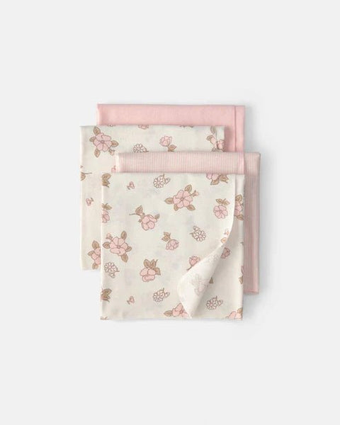 Set de 4 mantitas recibidoras Carter's para bebé: durazno, floral y rayas. Suaves y perfectas para su comodidad.
