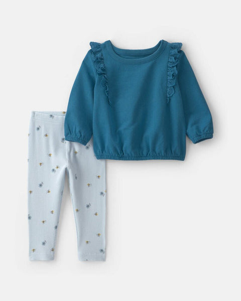 Conjunto Carter's de top azul con volantes y leggings celestes de abejitas para bebé.