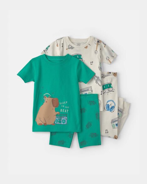 Set de pijama de algodón Carter's de 4 piezas para niño, con camiseta verde de capibara musical, short y pijama larga estampada.
