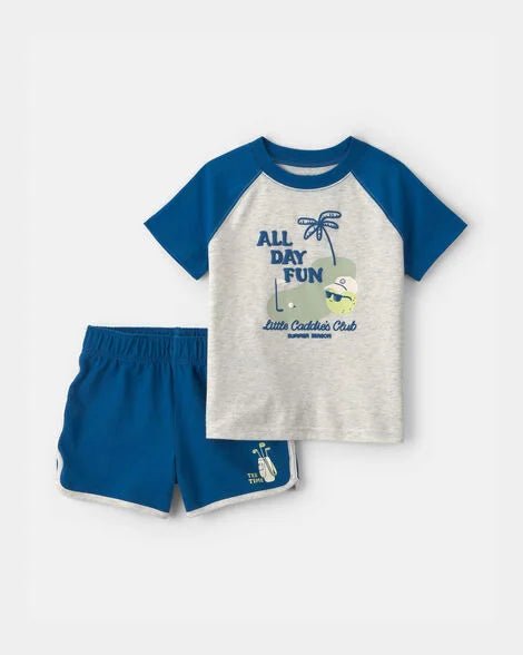 Conjunto Carter's All Day Fun para niño, camiseta gris con mangas azules y short azul, tema golf.