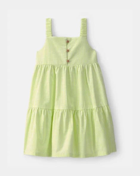 Vestido Carter's niña rayas verdes, tirantes, botones. Moda infantil fresca para verano.
