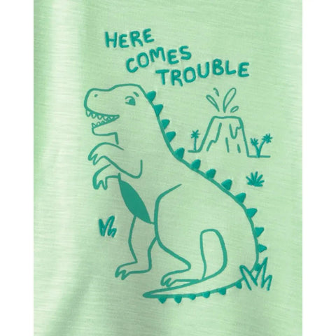 Detalle camiseta Carter's verde claro con estampado de dinosaurio y frase 'HERE COMES TROUBLE'.