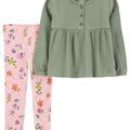 Conjunto Carters para niña, blusa manga larga verde con botones y leggings florales rosas.