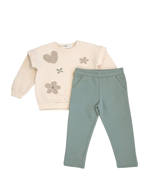 Conjunto Baby Bol 2 piezas: sueter con diseño de flores y corazones, legging verde para niña - Kinder Guatemala - Conjuntos con Pantalón
