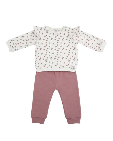 Conjunto Baby Bol 2 piezas: sueter con vuelitos en los hombros estampado de flores y jogger multicolor para niña - Kinder Guatemala - Conjuntos con Pantalón