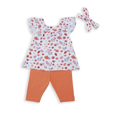 Conjunto Baby Bol 3 piezas: blusa manga mariposa estampada y pantalón y accesorio para el cabello multicolor de algodón para niña - Kinder Guatemala - 