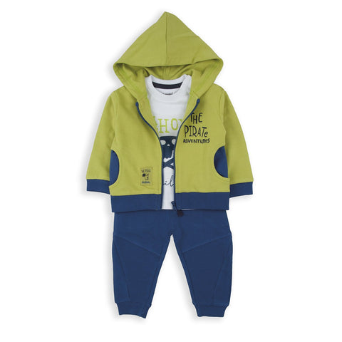 Conjunto Baby Bol 3 piezas: T-shirt manga corta, Jogger y sudadero con capucha y zipper de algodón multicolor para niño - Kinder Guatemala - Conjunto con jogger