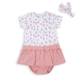 Conjunto Baby Bol 3 piezas: Vestido manga corta con moño en la cintura, calzoncito y accesorio para el cabello de algodón color rosado estampado para niña - Kinder Guatemala - 