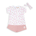Conjunto Baby Bol 3piezas: blusa manga corta, Short y accesorio para el cabello estampado de flores, de algodón color rosado para niña - Kinder Guatemala - 
