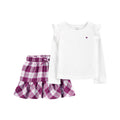 Conjunto Carters 2 piezas blusa manga larga con vuelitos en la manga y falda de franela a cuadros purpura para niña - Kinder Guatemala - 