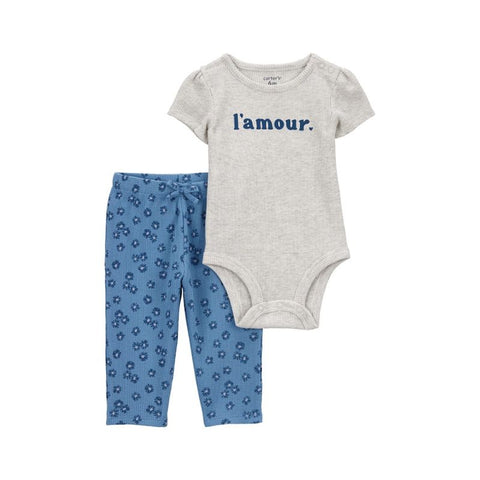 Conjunto Carters 2 piezas: body manga corta diseño L Amour y pantalón floreado multicolor para niña - Kinder Guatemala - Conjuntos