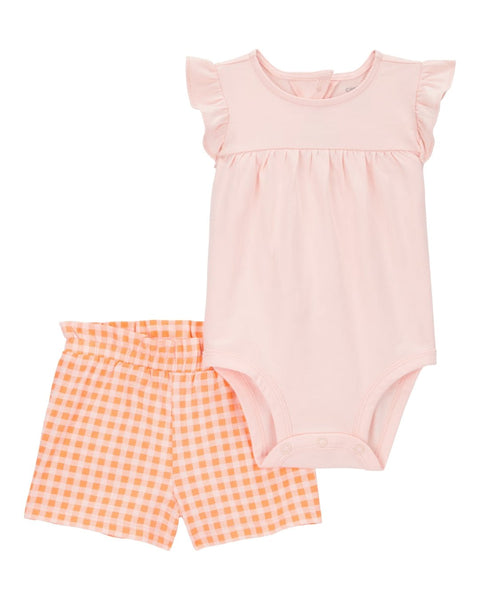 Conjunto carters 2 piezas: body manga corta y short color anaranjado para niña - Kinder Guatemala - Conjunto body y short