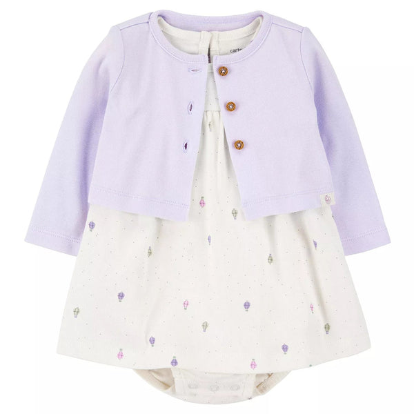 Conjunto Carters 2 piezas: cardigan y vestido con body manga corta con estampado multicolor para niña - Kinder Guatemala - Conjunto de vestido