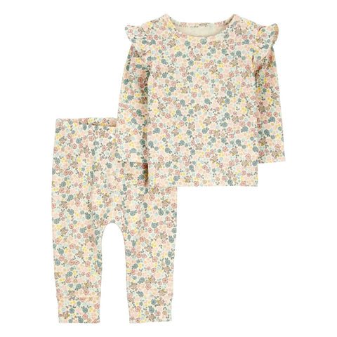 Conjunto Carters 2 piezas: pantalón y blusa manga larga con vuelitos en los hombros de algodón floral para niña - Kinder Guatemala - Conjunto Blusa y pantalón