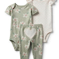 Conjunto Carters 3 piezas: 2 bodys manga corta y pantalon diseño de flores color verde para niña - Kinder Guatemala - conjuntos multipiezas 3 - 4 - 6 - 8 - 9