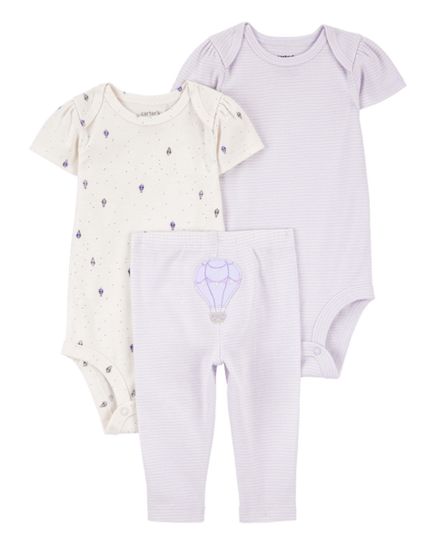 Conjunto Carters 3 piezas: 2 bodys manga corta y pantalón diseño de globo Aerostático multicolor para niña - Kinder Guatemala - Conjuntos