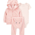 Conjunto Carters 3 piezas: blusa manga corta, pantalón y cardigan con capucha y zipper diseño de conejito color rosado para niña - Kinder Guatemala - Conjuntos con Suéter
