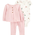 Conjunto Carters 3 piezas: body manga corta, cardigan con botones y pantalón diseño de granero multicolor para niña - Kinder Guatemala - conjunto con sweter o cardigan chaqueta o chaleco