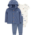 Conjunto Carters 3 piezas: camisa manga corta, pantalón y cardigan con capucha y botones multicolor para niño - Kinder Guatemala - conjunto con sweter o cardigan chaqueta o chaleco