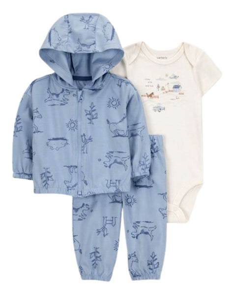 Conjunto Carters 3 piezas: camisa manga corta, pantalón y cardigan con capucha y botones multicolor para niño - Kinder Guatemala - conjunto con sweter o cardigan chaqueta o chaleco