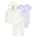 Conjunto Carters 3 piezas: cardigan con capucha y zipper, body manga corta y pantalón diseño de globo Aerostático color beige para niña - Kinder Guatemala - pijama básica
