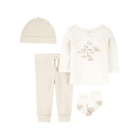 Conjunto Carters 4 piezas: camisa manga larga, pantalón, gorrito y calcetines con diseño blanco unisex - Kinder Guatemala - Conjuntos multipiezas